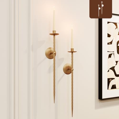 WOLAOJA Candle Wall Sconce Set of 2, Large Twisted Wall Mount Metal Brass Candle Holder Sconces Decor for Living Room Farmhouse Fireplace Wedding 23.5" - Image 1