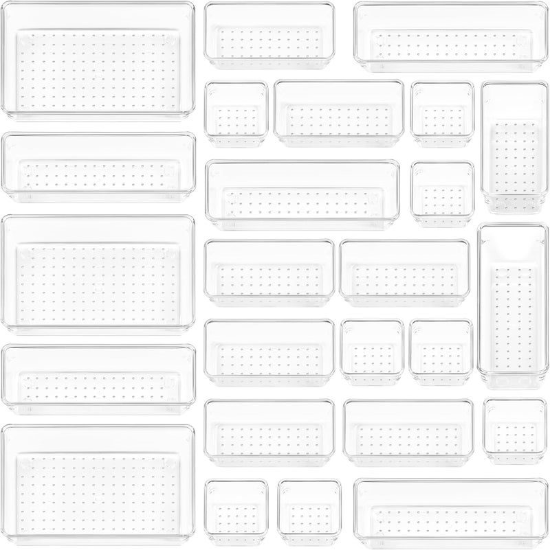 Vtopmart 25 PCS Clear Plastic Drawer Organizers Set, 4-Size Versatile Bathroom and Vanity Drawer Organizer Trays, Storage Bins for Makeup, Bedroom, Kitchen Gadgets Utensils and Office - Image 1