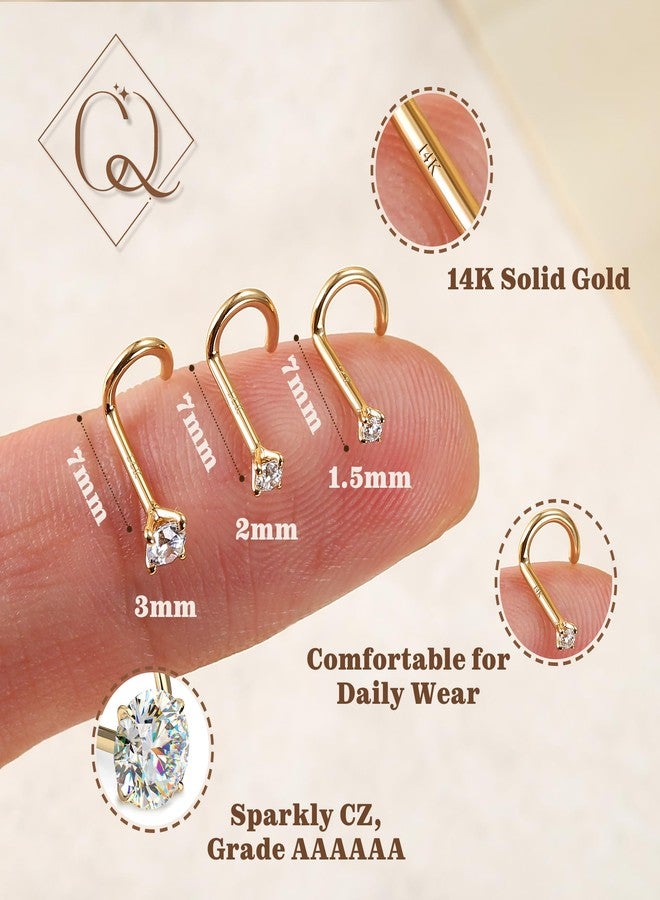 GEMQUEEN 14K Real Gold Nose Rings Studs | 18G Solid Gold Screw Nose Rings | Simulated Diamond CZ Nose Studs | Hypoallergenic Nose Piercings for Women Men 2mm, GQ-C-P0002-18G-2 - Image 2