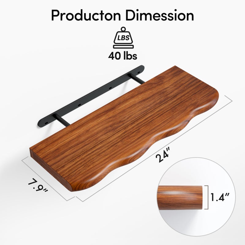 YUFLINX 24inch Walnut Finished Floating Shelves for Wall,Luxury Rustic Solid Pine Wood Shelf Bracket for Room Decor,Wall Mounted Hanging Shelves for Bedroom,Living Room, Set of 2 - Image 3