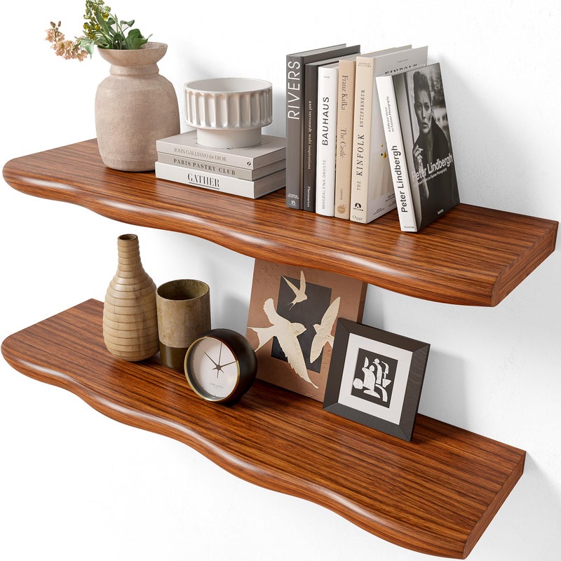 YUFLINX 24inch Walnut Finished Floating Shelves for Wall,Luxury Rustic Solid Pine Wood Shelf Bracket for Room Decor,Wall Mounted Hanging Shelves for Bedroom,Living Room, Set of 2 - Image 1