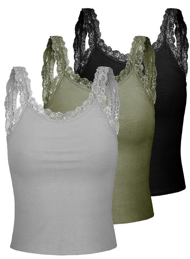 Sintege 3 Pcs Women's Y2K Lace Patchwork Tank Tops - Sleeveless Camisole in Gray, Army Green, Black (Small) - Image 1