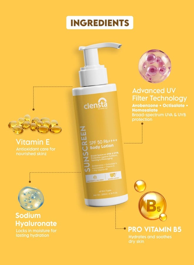 Clensta Sunscreen Body Lotion SPF 50 PA++++ | Broad Spectrum UVA & UVB Protection | In-Vivo Tested | No White Cast, Non-Greasy Body Sunscreen with Vitamin E & Pro Vitamin B5 For Smooth Skin | For All Skin Types | For Men & Women | 200 ml - Image 4
