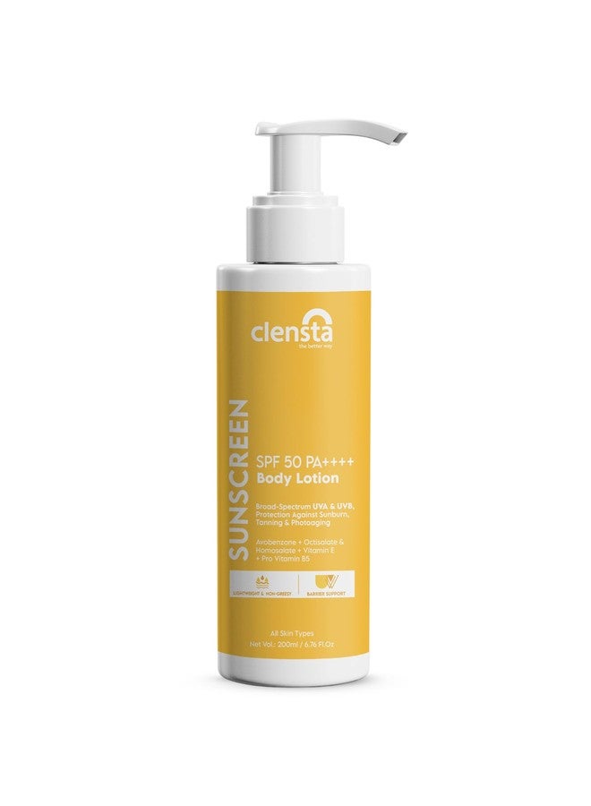 Clensta Sunscreen Body Lotion SPF 50 PA++++ | Broad Spectrum UVA & UVB Protection | In-Vivo Tested | No White Cast, Non-Greasy Body Sunscreen with Vitamin E & Pro Vitamin B5 For Smooth Skin | For All Skin Types | For Men & Women | 200 ml - Image 1