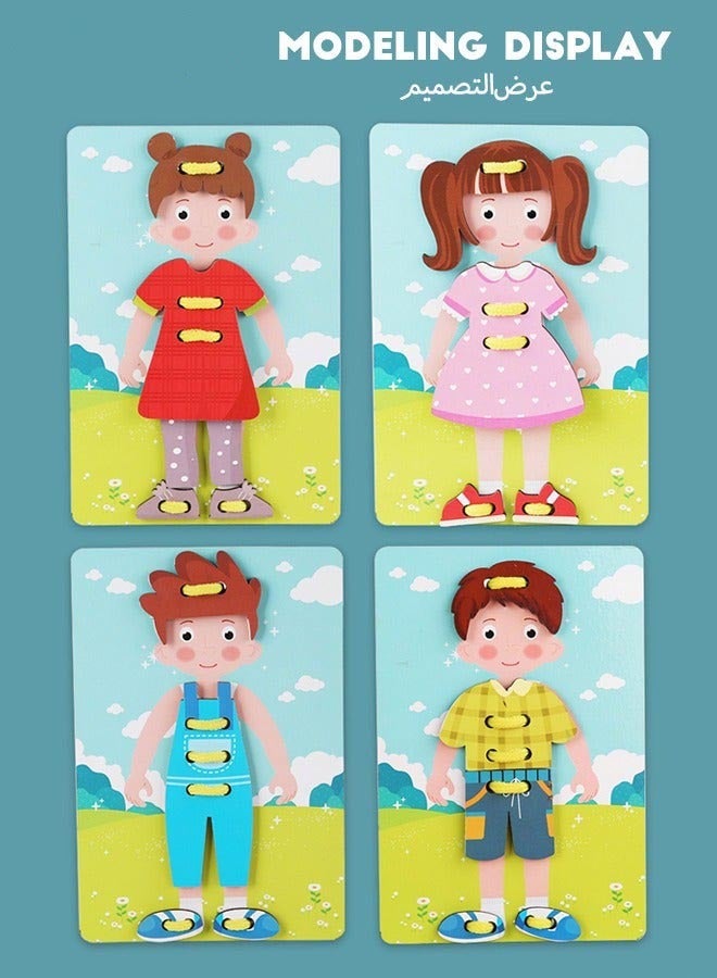DURKU Wooden Clothes Tying Toy for Kids to Learn Fine Motor Skills and Threading Game, Montessori Educational Character Dress-Up Teaching Kit Gift - Image 5