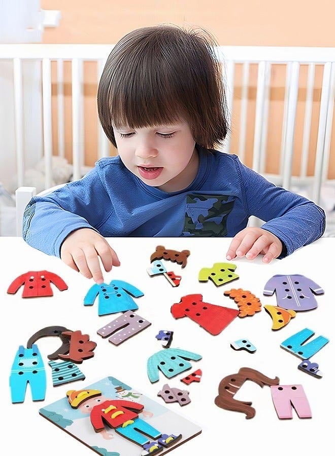 DURKU Wooden Clothes Tying Toy for Kids to Learn Fine Motor Skills and Threading Game, Montessori Educational Character Dress-Up Teaching Kit Gift - Image 4