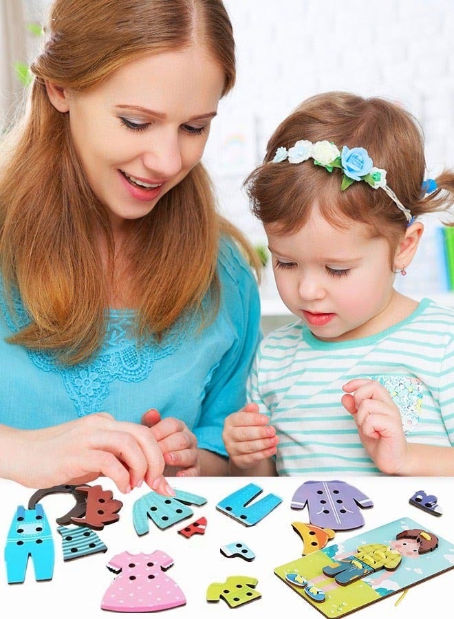 DURKU Wooden Clothes Tying Toy for Kids to Learn Fine Motor Skills and Threading Game, Montessori Educational Character Dress-Up Teaching Kit Gift - Image 3