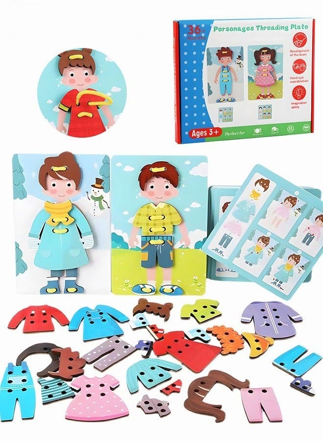 DURKU Wooden Clothes Tying Toy for Kids to Learn Fine Motor Skills and Threading Game, Montessori Educational Character Dress-Up Teaching Kit Gift - Image 1