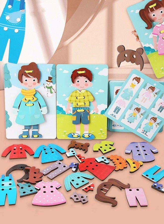 DURKU Wooden Clothes Tying Toy for Kids to Learn Fine Motor Skills and Threading Game, Montessori Educational Character Dress-Up Teaching Kit Gift - Image 2