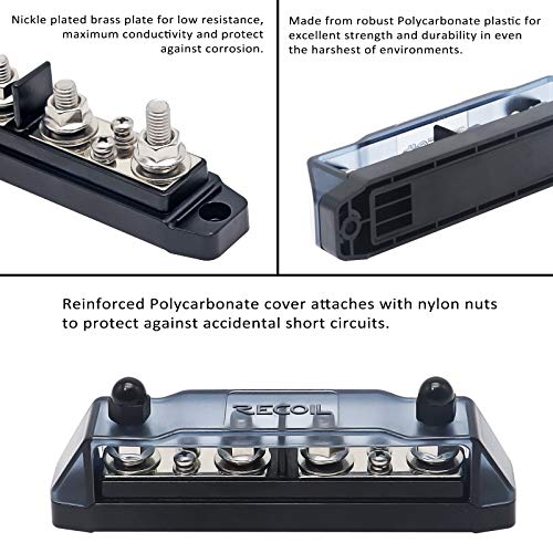Recoil BBPG4 Bus Bar Positive and Negative 4 x 5/16”(M8) Studs and 4 x #8 Screw Terminals Power Distribution Block Busbar with Ring Terminals 150 Amp Rating - Image 3