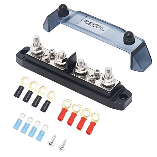 Recoil BBPG4 Bus Bar Positive and Negative 4 x 5/16”(M8) Studs and 4 x #8 Screw Terminals Power Distribution Block Busbar with Ring Terminals 150 Amp Rating - Image 1