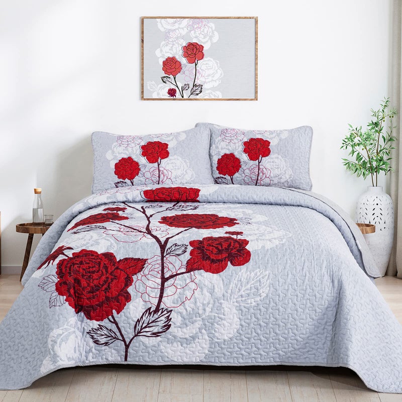 Floral Quilt Set King SizeElegant Red Floral Printed Bedspread Coverlet 3 Pieces Soft Microfiber Bedding Set with 2 Pillowcases for All Season10490