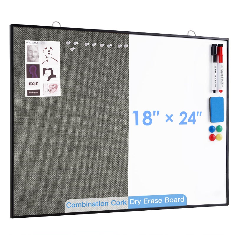 ARCOBIS Cork Board White Board Combo, 24"X18" Linen Bulletin Board Whiteboard for Wall, Double-Sided Magnetic Dry Erase Corkboard for Home, Office, School, Grey - Image 1