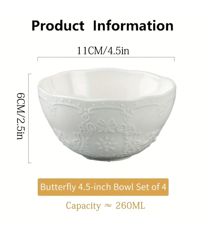 4 Green Butterfly Ceramic Bowls 4.5 Inch Elegant Embossed Stackable Bowl Set - Image 3