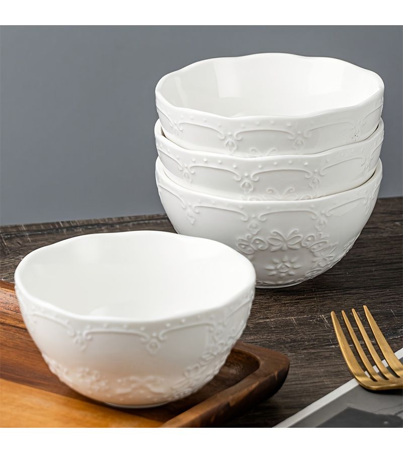 4 Green Butterfly Ceramic Bowls 4.5 Inch Elegant Embossed Stackable Bowl Set - Image 4