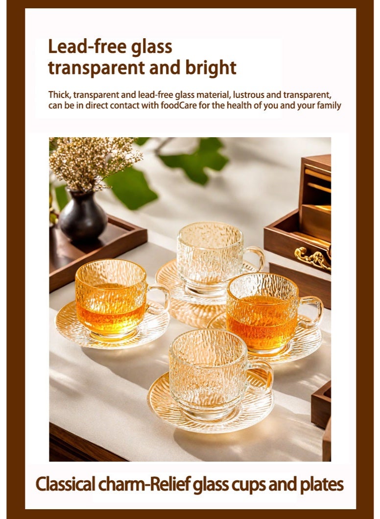 نهر قو 8 عبوات من فناجين القهوة الزجاجية الباروكية مع صحون، تتضمن 4 فناجين زجاجية شفافة و4 صحون زجاجية شفافة، 8 قطع في المجموع، فناجين إسبريسو زجاجية بمقابض، فناجين قهوة زجاجية للاتيه والكابتشينو والموكا والشوكولاتة الساخنة والشاي والعصير والمشروبات الساخنة أو المثلجة، سعة 160 مل. - Image 2