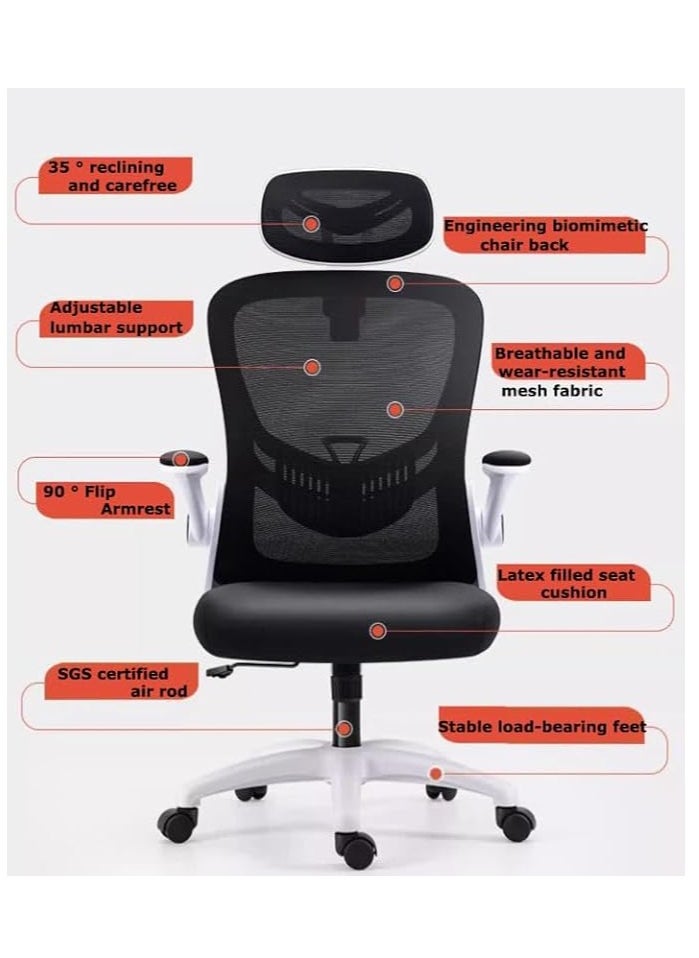 Generic - Ergonomic Office Chair, Height and Headrest Adjustable Desk Chair with Lumbar Support and Wheels for Work, Study and Gaming, Swivel Computer Chair for Home and Office (V3, White) - Image 1