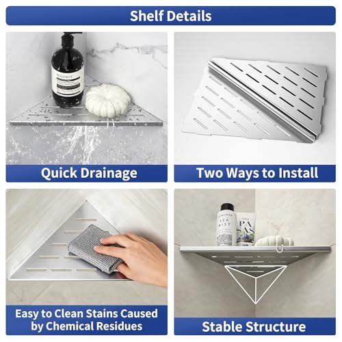 Bernkot Corner Shower Shelf 10" Brushed 304 Stainless Steel Slot Design Recessed Corner Shelf Bathroom Grout in Shelf for Tiled Wall - Image 2