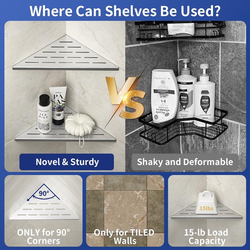 Bernkot Corner Shower Shelf 10" Brushed 304 Stainless Steel Slot Design Recessed Corner Shelf Bathroom Grout in Shelf for Tiled Wall - Image 4