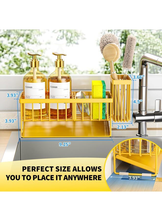 Cisily Yellow Sink Caddy Organzier with High Brush Holder, Sponge Holder for Sink, 304 Rustproof Stainless, Kitchen Countertop Soap Dispenser Organizer,Yellow Kitchen Decor and Accessories - Image 2