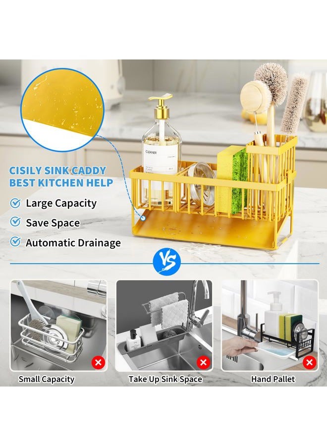 Cisily Yellow Sink Caddy Organzier with High Brush Holder, Sponge Holder for Sink, 304 Rustproof Stainless, Kitchen Countertop Soap Dispenser Organizer,Yellow Kitchen Decor and Accessories - Image 4