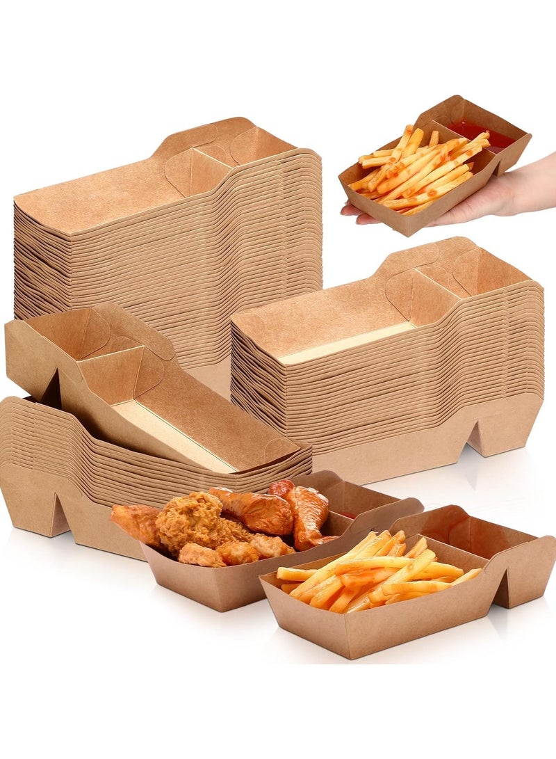 KASTWAVE 100 Pack Kraft Paper Food Trays 1LB Disposable Food Boats Nacho Tray 2 Compartment Heavy Duty Take out Food Serving Boats Holder Trays for Sauces Fries Taco BBQ Snack Hot Dog Picnic - Image 1