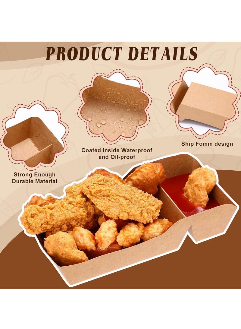 KASTWAVE 100 Pack Kraft Paper Food Trays 1LB Disposable Food Boats Nacho Tray 2 Compartment Heavy Duty Take out Food Serving Boats Holder Trays for Sauces Fries Taco BBQ Snack Hot Dog Picnic - Image 3