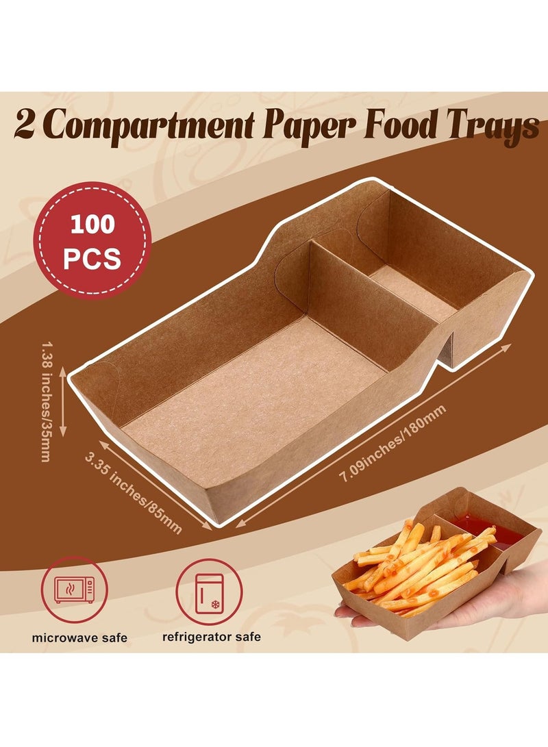 KASTWAVE 100 Pack Kraft Paper Food Trays 1LB Disposable Food Boats Nacho Tray 2 Compartment Heavy Duty Take out Food Serving Boats Holder Trays for Sauces Fries Taco BBQ Snack Hot Dog Picnic - Image 4