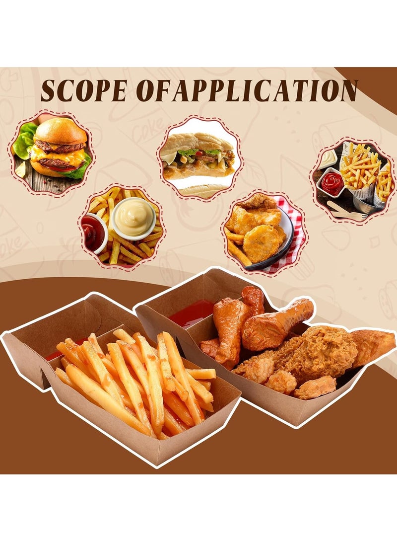 KASTWAVE 100 Pack Kraft Paper Food Trays 1LB Disposable Food Boats Nacho Tray 2 Compartment Heavy Duty Take out Food Serving Boats Holder Trays for Sauces Fries Taco BBQ Snack Hot Dog Picnic - Image 2