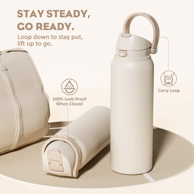 POWCAN 40 oz Insulated Water Bottle, 2-in-1 Push-Button Spout & Quick-Flip Straw Lid, Leakproof, Keep Cold 24Hrs, BPA-Free, Stainless Steel Water Bottle for Sports, School, Travel, Gym (Oat Mousse) - Image 4