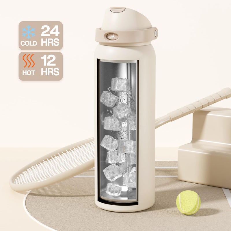 POWCAN 40 oz Insulated Water Bottle, 2-in-1 Push-Button Spout & Quick-Flip Straw Lid, Leakproof, Keep Cold 24Hrs, BPA-Free, Stainless Steel Water Bottle for Sports, School, Travel, Gym (Oat Mousse) - Image 3