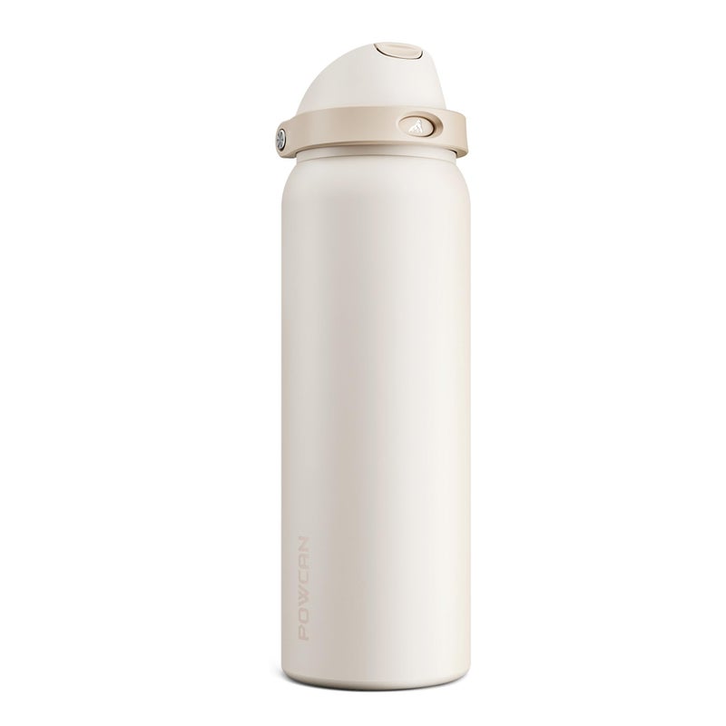 POWCAN 40 oz Insulated Water Bottle, 2-in-1 Push-Button Spout & Quick-Flip Straw Lid, Leakproof, Keep Cold 24Hrs, BPA-Free, Stainless Steel Water Bottle for Sports, School, Travel, Gym (Oat Mousse) - Image 1
