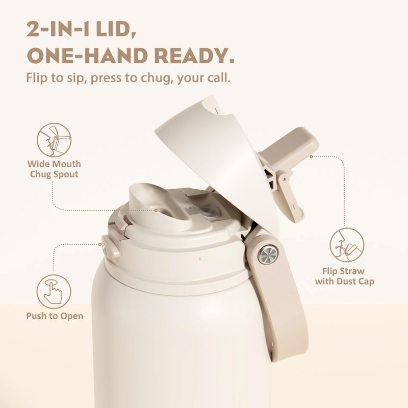 POWCAN 40 oz Insulated Water Bottle, 2-in-1 Push-Button Spout & Quick-Flip Straw Lid, Leakproof, Keep Cold 24Hrs, BPA-Free, Stainless Steel Water Bottle for Sports, School, Travel, Gym (Oat Mousse) - Image 2