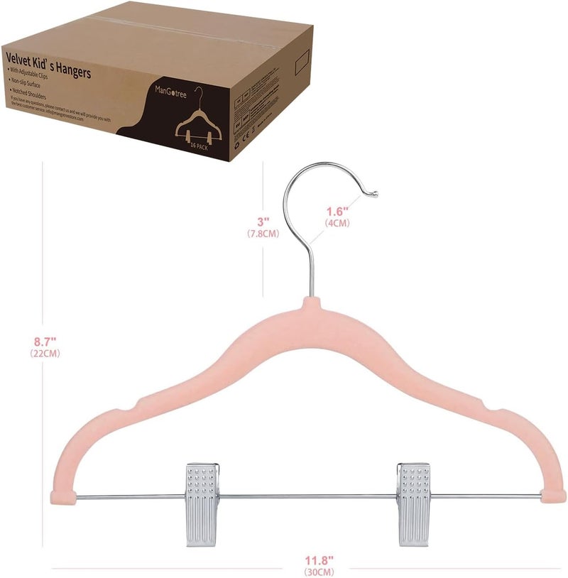ManGotree 30 cm Baby Velvet Hangers with Movable Clips, Non-Slip Kids Felt Hangers, Ultra-Thin Space-Saving Children's Clothes Hangers for Skirts, Pants, Dresses, Shirts, Jackets (16 Pack, Pink) - Image 2