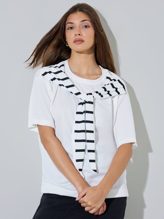 Styli White Oversized Knit Top with Tie-Striped Detail - Image 3