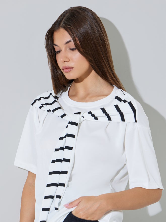 Styli White Oversized Knit Top with Tie-Striped Detail - Image 1