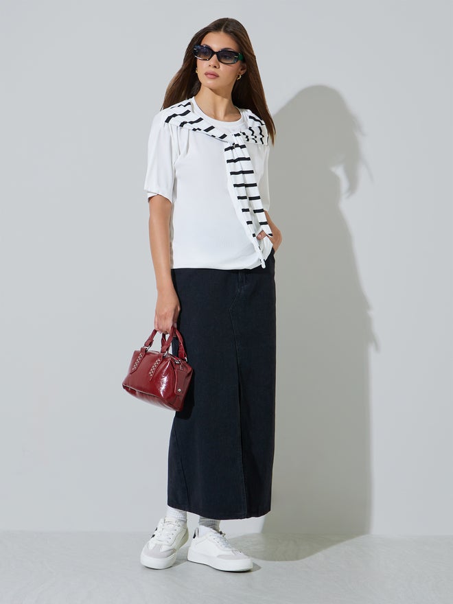 Styli White Oversized Knit Top with Tie-Striped Detail - Image 2