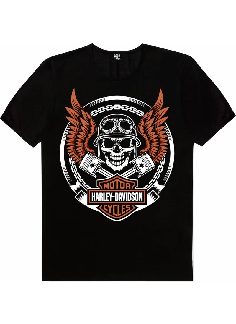 Rock&Roll Biker Skull Black Short Sleeve T-Shirt