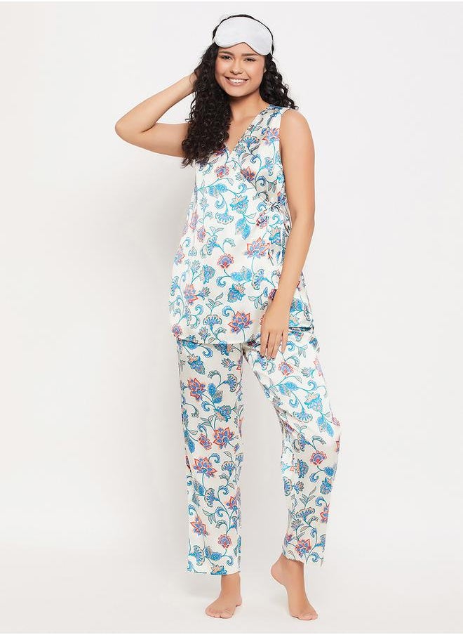Clovia Satin Floral Print Angrakha Top & Pyjama Set by Styli  - Image 2