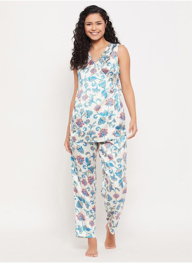 Clovia Satin Floral Print Angrakha Top & Pyjama Set by Styli  - Image 1
