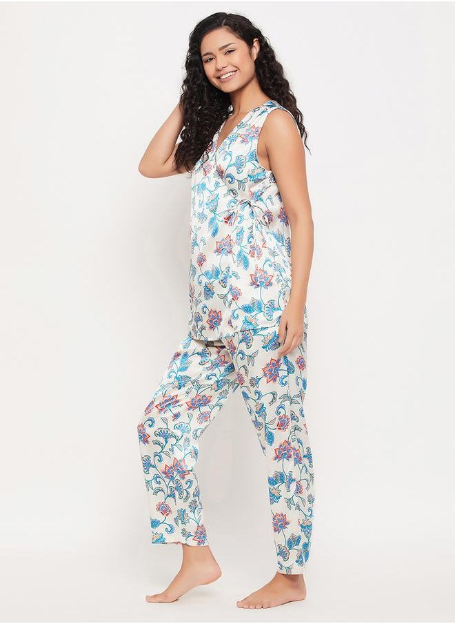 Clovia Satin Floral Print Angrakha Top & Pyjama Set by Styli  - Image 3