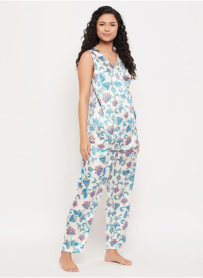 Clovia Satin Floral Print Angrakha Top & Pyjama Set by Styli  - Image 4