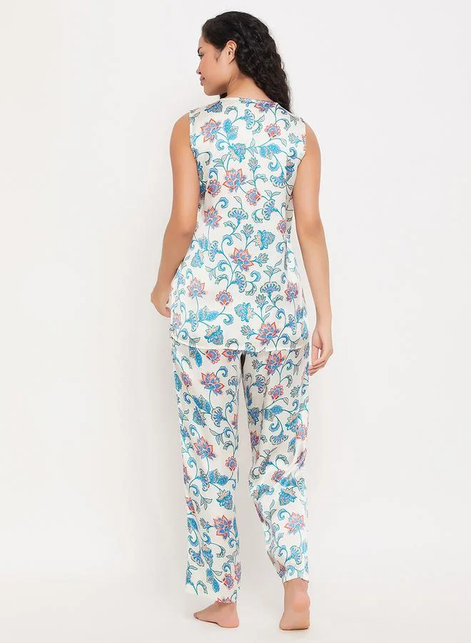 Clovia Satin Floral Print Angrakha Top & Pyjama Set by Styli