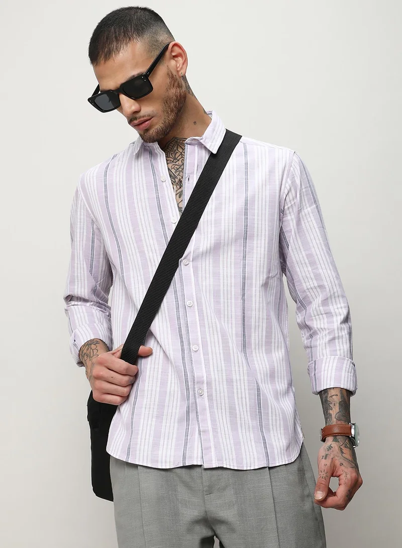 Campus Sutra Men's Lilac Barcode Striped Shirt