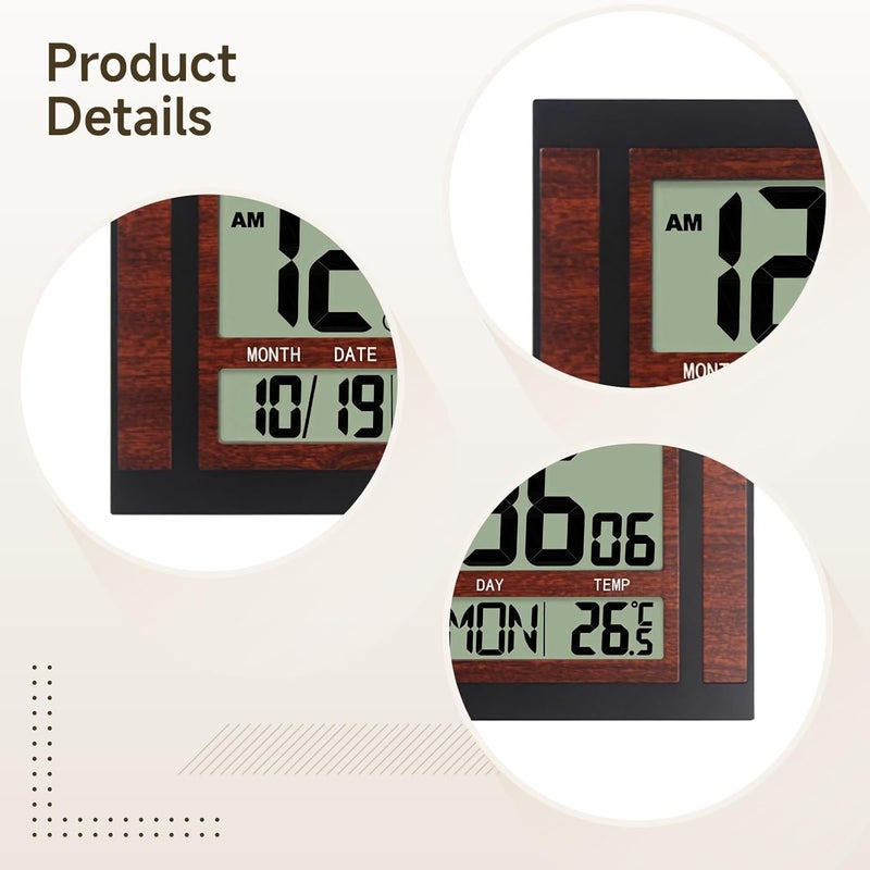 LCD Display Digital Wall Clock, Outdoor and Silent, Multifunctional Time Date Temperature, Bedroom Living Room - Image 2