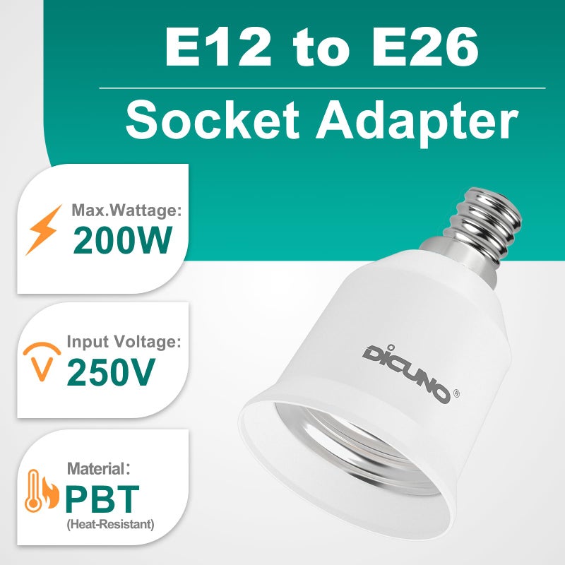 DiCUNO E12 to E26 Socket Adapter, Candelabra E12 to Medium (Standard) E26 Socket Converter, LED Light Bulb Converter, 200W Max, 200â„ƒ Heat Resistant, 6-Pack - Image 2