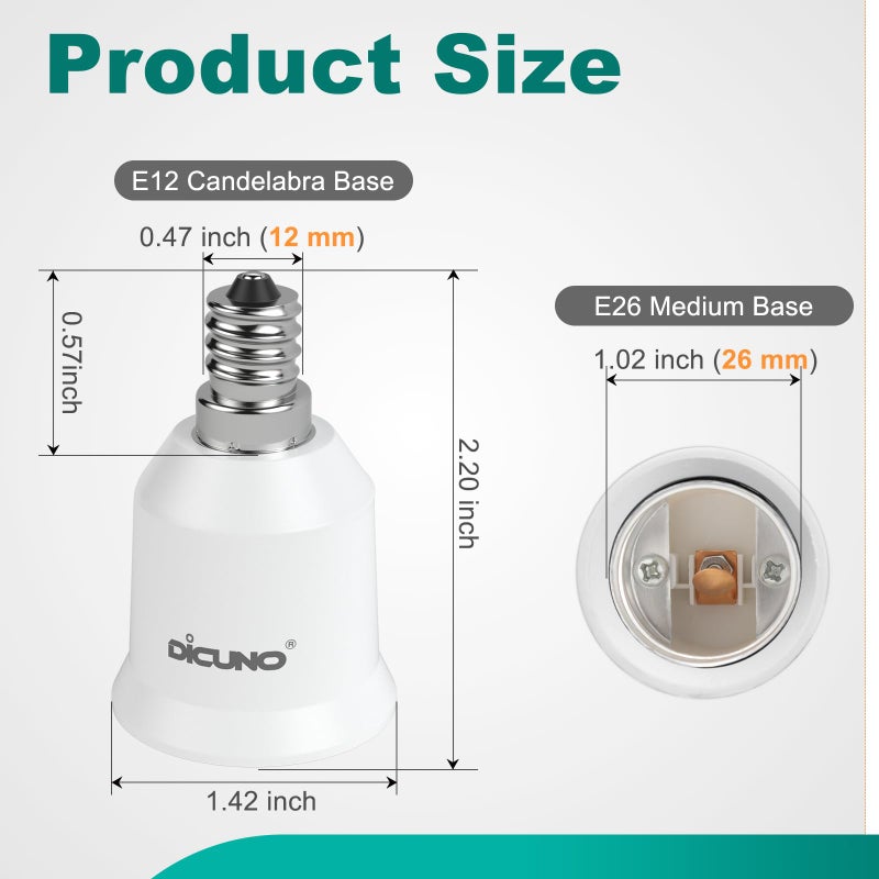 DiCUNO E12 to E26 Socket Adapter, Candelabra E12 to Medium (Standard) E26 Socket Converter, LED Light Bulb Converter, 200W Max, 200â„ƒ Heat Resistant, 6-Pack - Image 3