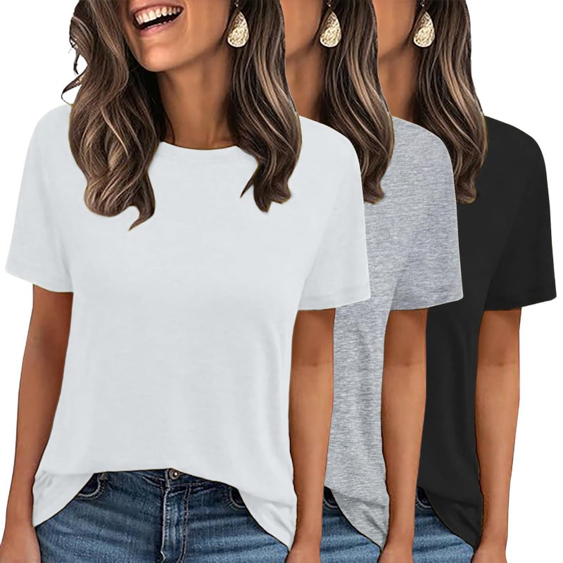 LOOKFACE 3 Pack Womens Basic T Shirts Summer Tops 2026 Short Sleeve Tees Comfy Casual Vacation Clothes Black Grey White - Image 1