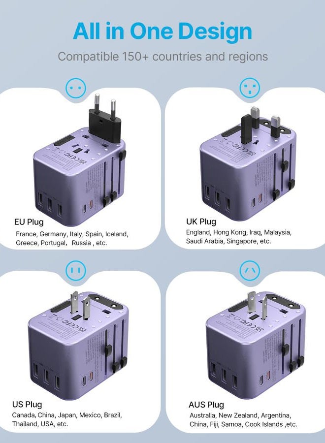 VINTAR Universal Travel Adapter, 35.5W International Power Adapter with 3 USB A QC and 2 USB C PD, All in One Plug Adapter Worldwide Travel Essentials for EU/UK/USA/AUS(Type C/G/A/I), Purple - Image 3
