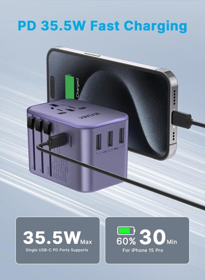 VINTAR Universal Travel Adapter, 35.5W International Power Adapter with 3 USB A QC and 2 USB C PD, All in One Plug Adapter Worldwide Travel Essentials for EU/UK/USA/AUS(Type C/G/A/I), Purple - Image 2